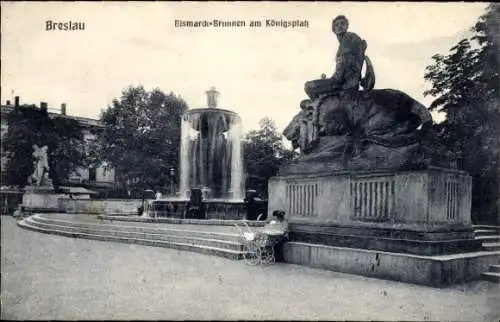 Ak Wrocław Breslau Schlesien, Bismarckbrunnen am Königsplatz