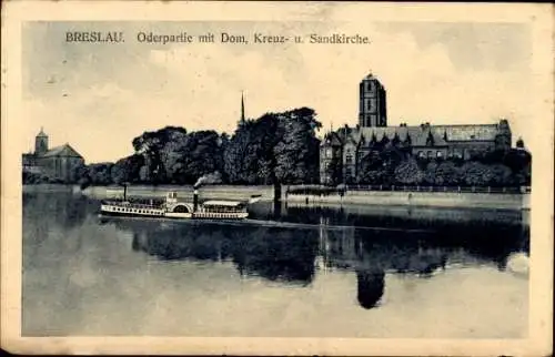 Ak Wrocław Breslau Schlesien, Dom, Kreuzkirche, Sandkirche, Fluss Oder, Dampfer