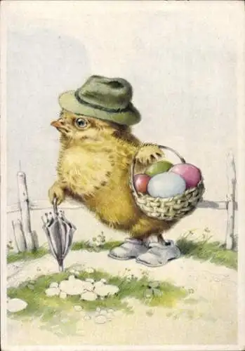 Künstler Ak Frohe Ostern, vermenschlichtes Küken, Hut, Schirm, Ostereierkorb