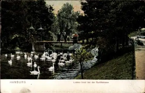 Ak Hamburg Mitte Altstadt, Liebesinsel bei der Gurlittstraße, Teich, Brücke, Schwäne