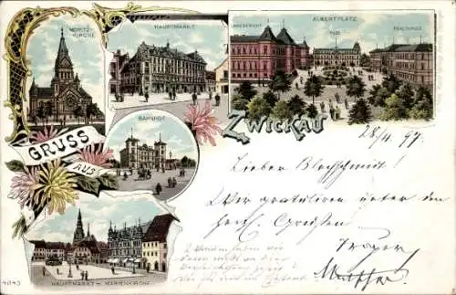 Litho Zwickau in Sachsen, Moritzkirche, Hauptmarkt, Albertplatz, Bahnhof, Marienkirche, Landgericht