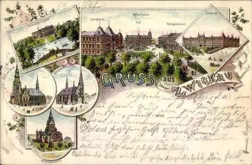 Litho Zwickau in Sachsen, Albertplatz, Kaserne, Schwanenschloss, Marienkirche, Moritzkirche