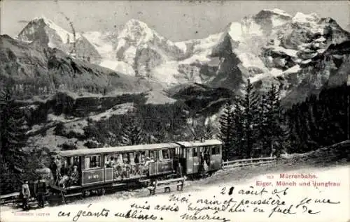 Ak Mürren Kt. Bern Schweiz, Mürrenbahn, Eiger, Mönch und Jungfrau