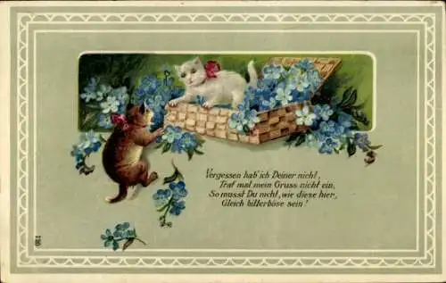 Litho Vergessen hab' ich Deiner nicht, Katzen im Korb mit Blumen