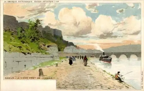 Künstler Litho Ranot, F., Namur Wallonien, Le Vieux Pont de Jambes, Angler