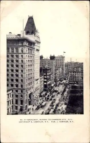 Ak New York City, Broadway, Murray bis Chambers Sts, Straßenbahnen