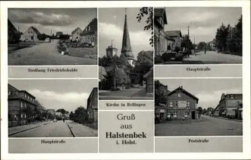 Ak Halstenbek in Holstein, Siedlung Friedrichshulde, Hauptstraße, Poststraße, Kirche in Rellingen