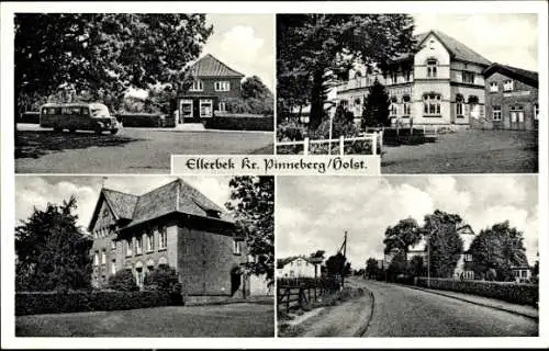 Ak Ellerbek in Schleswig Holstein, Straßenpartie, Geschäftshäuser im Ort, Bus, Schule, Gasthof Heinz