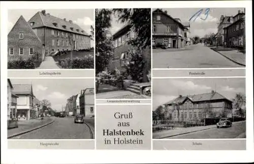 Ak Halstenbek in Holstein, Lehrlingsheim, Hauptstraße, Gemeindeverwaltung, Poststraße, Schule