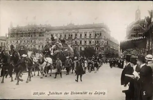 Foto Ak Leipzig in Sachsen, 500 jähr. Jubiläum der Universität zu Leipzig, Festzug, Pferdewagen