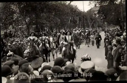 Foto Ak Leipzig in Sachsen, 500 jähr. Jubiläum der Universität zu Leipzig, Festzug, Reiter