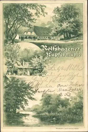 Litho Tremsbüttel in Schleswig Holstein, Rolfshagener Kupfermühle, Seeblick, Wassermühle
