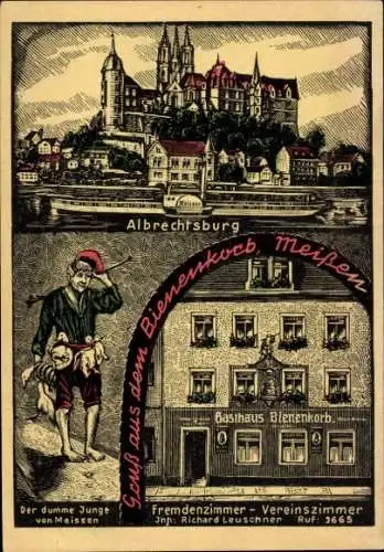 Künstler Ak Meißen an der Elbe, Albrechtsburg, Der dumme Junge von Meissen, Gasthaus Bienenkorb