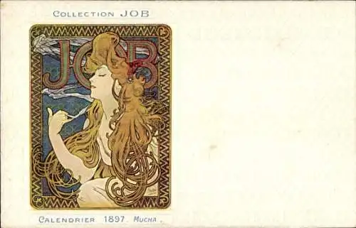 Jugendstil Künstler Litho Mucha, Alfons, Reklame, Cigarettes Job, rauchende Frau, Kalender 1897