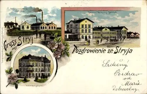 Litho Stryj Stryi Ukraine, Maschinenfabrik Galicia, Bahnhof, Villa Heiselkorn