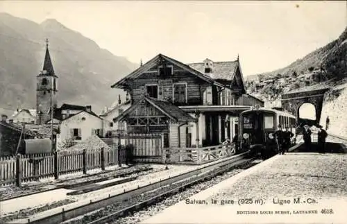 Ak Salvan Kanton Wallis Schweiz, Schweizerische Eisenbahn, Bahnhof