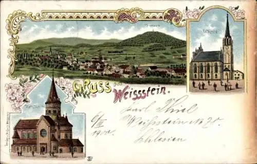 Litho Biały Kamień Wałbrzych Weißstein Schlesien, Evangelische Kirche, Hochwald, Gesamtansicht