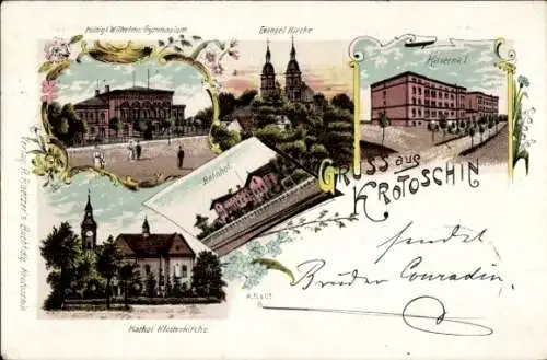 Litho Krotoszyn Krotoschin Posen, Evangelische Kirche, Bahnhof, Katholische Klosterkirche