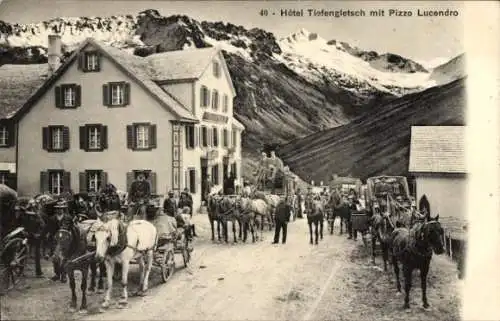 Ak Kanton Uri Schweiz, Hotel Tiefengletsch, Pizzo Lucendro, Postkutsche