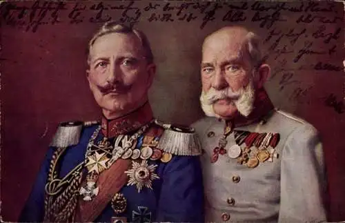 Künstler Ak Kaiser Wilhelm II., Kaiser Franz Joseph I., Portrait, Orden, Uniform