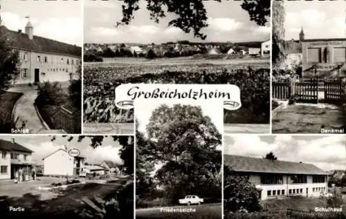 Ak Großeicholzheim Seckach in Baden, Schloss, Friedenseiche, Denkmal, Schulhaus