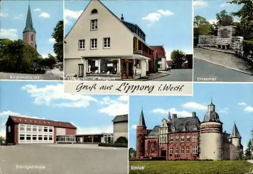 Ak Lippborg Lippetal in Westfalen, Kirche, Ehrenmal, Schulgebäude, Schloss, Lebensmittel Wiegarn