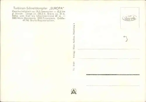 Ak Turbinenschnelldampfer Europa, Norddeutscher Lloyd Bremen