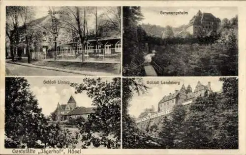 Ak Hösel Ratingen, Gaststätte Jägerhof, Genesungsheim, Schloss Linnep, Schloss Landsberg