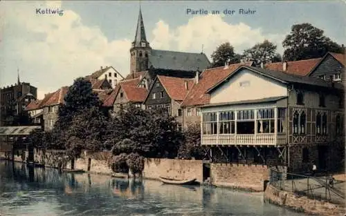 Ak Kettwig Essen im Ruhrgebiet, Altstadt, Häuser an der Ruhr, Kirche