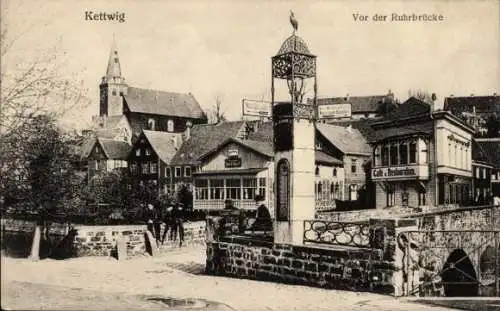 Ak Kettwig Essen im Ruhrgebiet, Vor der Ruhrbrücke, Kirche, Cafe und Restauration