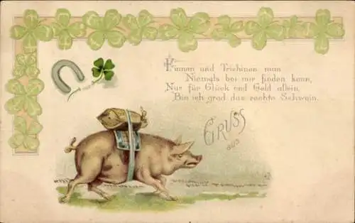 Litho Schwein, Geldsack, Glücksklee, Hufeisen