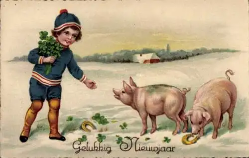 Ak Glückwunsch Neujahr, Schweine, Kind, Glücksklee, Hufeisen