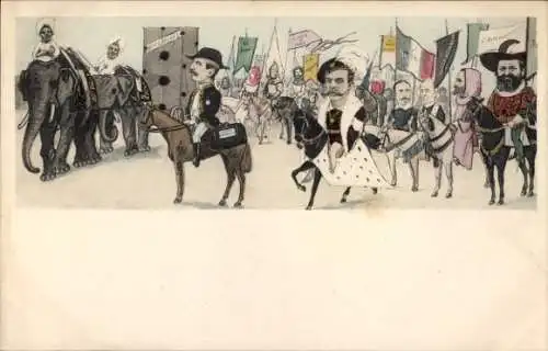 Litho Dreyfus Affäre, Karikatur, Politiker, Fahnen, Elefanten, Pferde