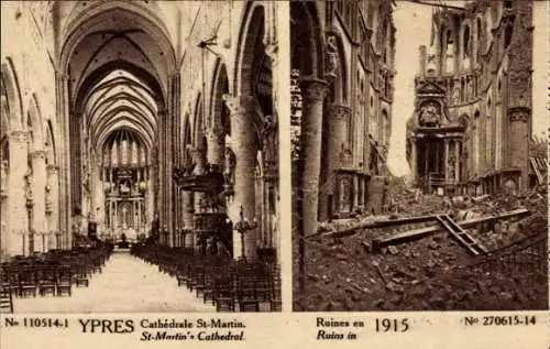 Ak Ypern Ypern Westflandern, St.-Martins-Kathedrale, Ruinen im Jahr 1915