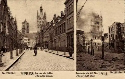 Ak Ypern Ypern Westflandern, Rue de Lille, Brand vom 22. November 1914