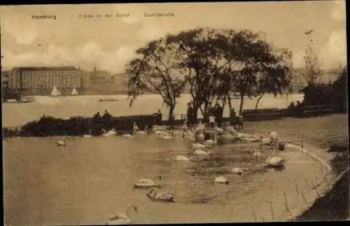 Ak Hamburg St. Georg, Schwäne auf der Alster, Gurlittstraße