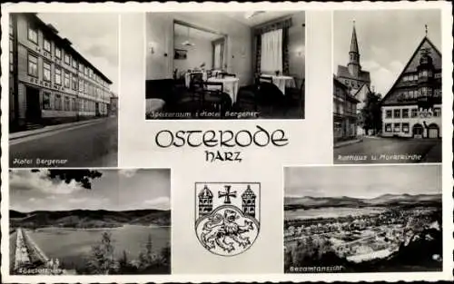 Ak Osterode am Harz, Wappen, Hotel Bergener, Rathaus, Marktkirche, Sösetalsperre, Gesamtansicht