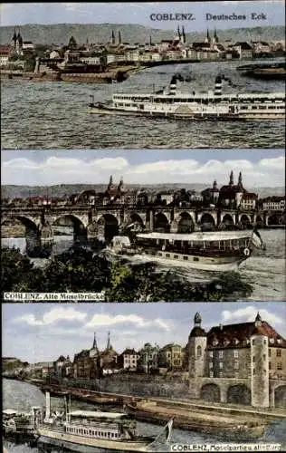 Ak Koblenz am Rhein, Deutsches Eck, Alte Moselbrücke, alte Burg, Schiffe