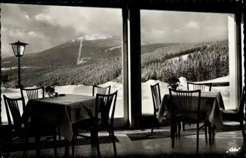 Ak Bayerisch Eisenstein in Niederbayern, Großer Arber, Sport-Hotel Brennes, Blick aus Fenster