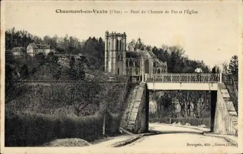 Ak Chaumont en Vexin Oise, Pont du Chemin de Fer, Kirche