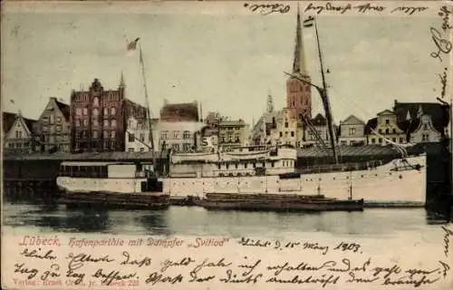 Ak Hansestadt Lübeck, Teilansicht, Hafen, Dampfer Svitiod