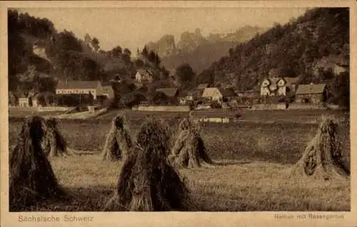 Ak Kurort Rathen im Elbsandsteingebirge, Blick auf den Ort mit Rosengarten