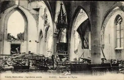 Ak Flirey Meurthe et Moselle, Kirche, Innenansicht, Trümmer, Zerstörung