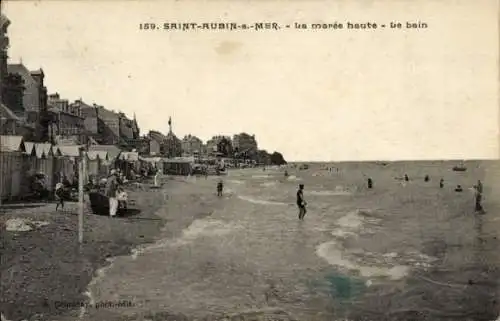 Ak Saint Aubin sur Mer Calvados, Strand, La maree haute, le bain