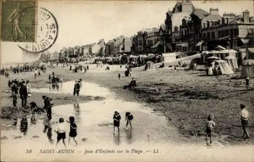 Ak Saint Aubin sur Mer Calvados, Strand, spielende Kinder