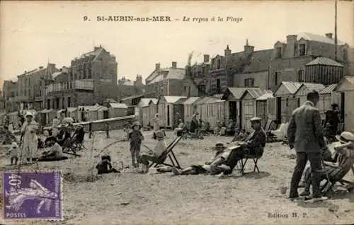 Ak Saint Aubin sur Mer Calvados, Le repos a la Plage