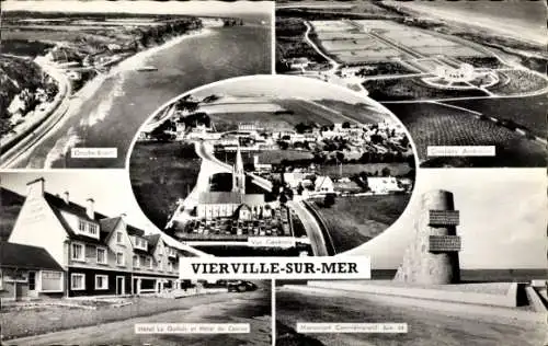 Ak Vierville sur Mer Calvados, Panorama, Strand,  Hotel, Monument