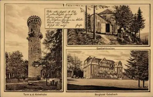 Ak Ilmenau in Thüringen, Berghotel Gabelbach am Kickelhahn, Turm, Goethehäuschen