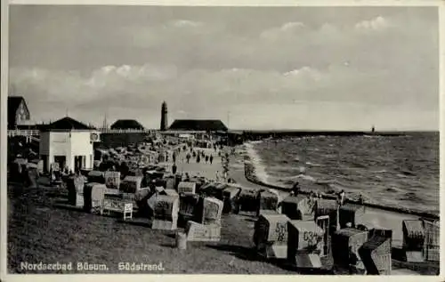 Ak Nordseebad Büsum, Südstrand, Strandkörbe Panorama, Leuchtturm