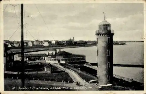 Ak Cuxhaven, Seepavillon und Leuchtturm